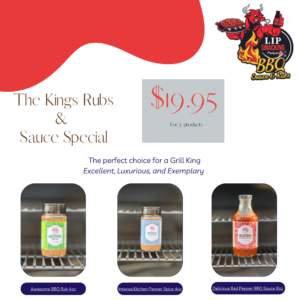 The Kings Rub N Sauce Special featuring Delicious Red Pepper BBQ Sauce, Awesome BBQ Rub, and Intense Kitchen Pepper Spice, perfect for premium BBQ flavor
